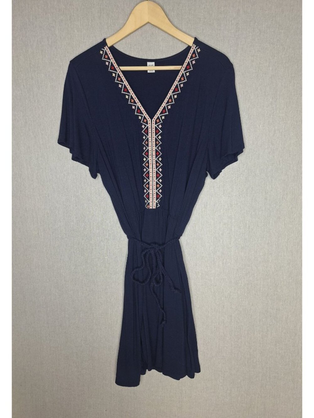 💙 Old Navy Embroidered Boho Dress Size XL Navy Blue Tie Waist Flutter Sleeve St